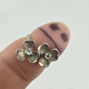 Sterling Silver Flower Ring Clear Stone Double Blossom 5.5 Vintage Patina 925